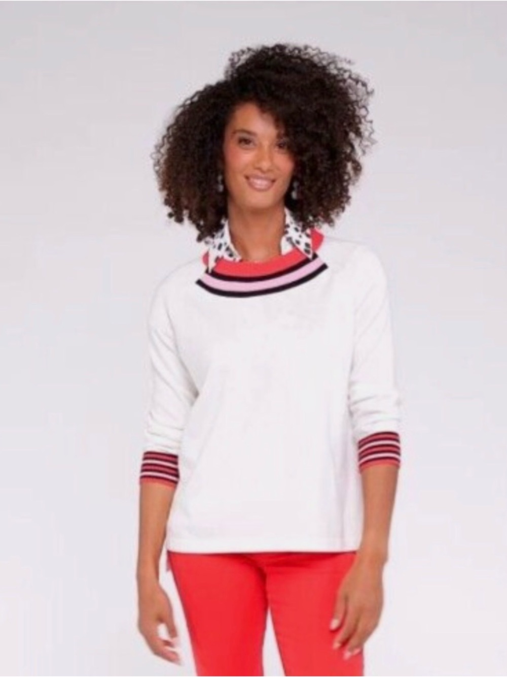 CAbi Pickleball Pullover Cream Crewneck Sweater with Red, Pink & Black Trim